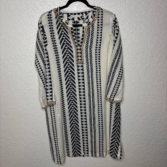 Soft Surroundings Rhea Black Cream Gold Beaded Caftan Dress Women's Size L - Picture 1 of 16